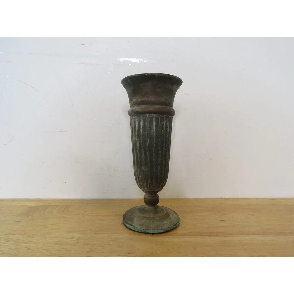 VTG Set of 2 Andrea by Sadek Metal Tulip Pedestal Vases with Verdigris Patina